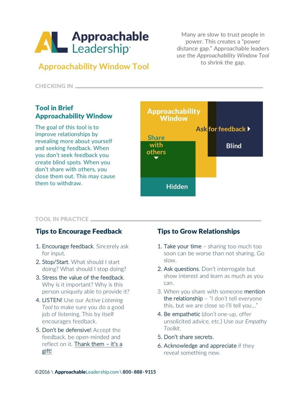 Approachability Window Tool (see pages 36-39 in The Playbook)